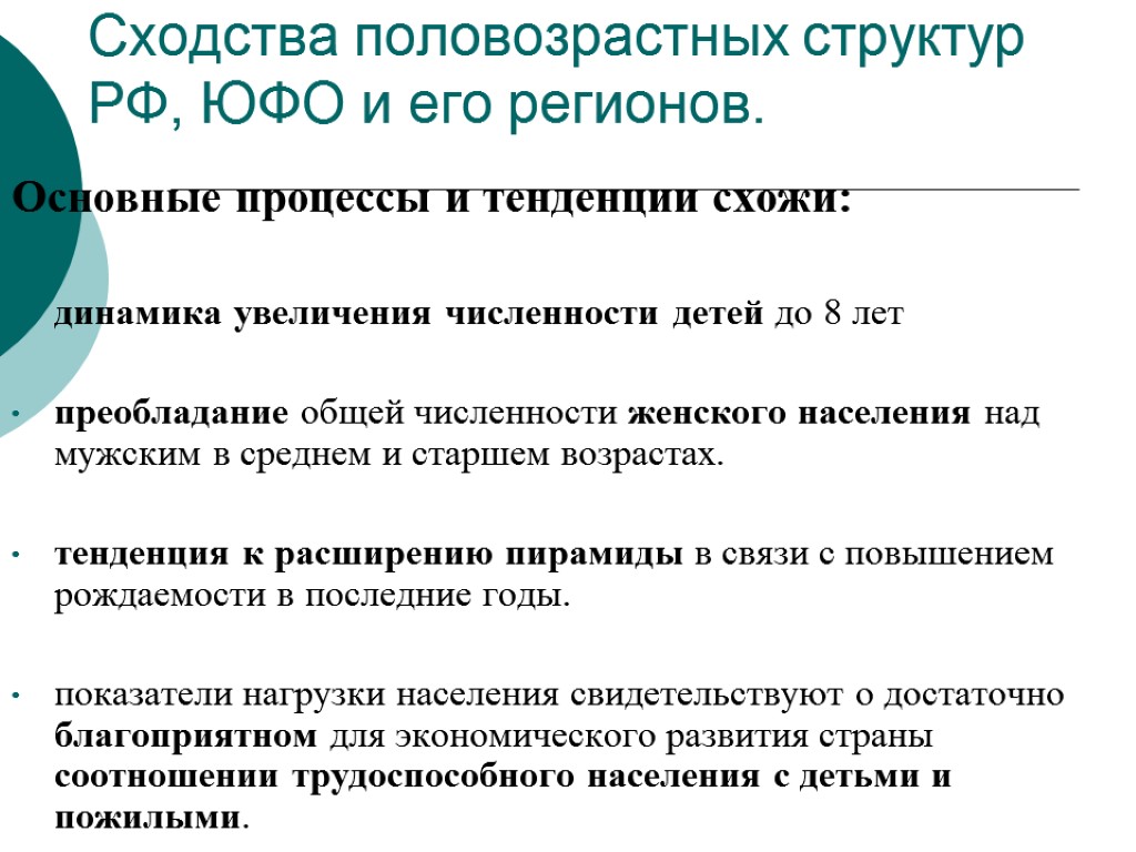 Сходства половозрастных структур РФ, ЮФО и его регионов. Основные процессы и тенденции схожи: динамика